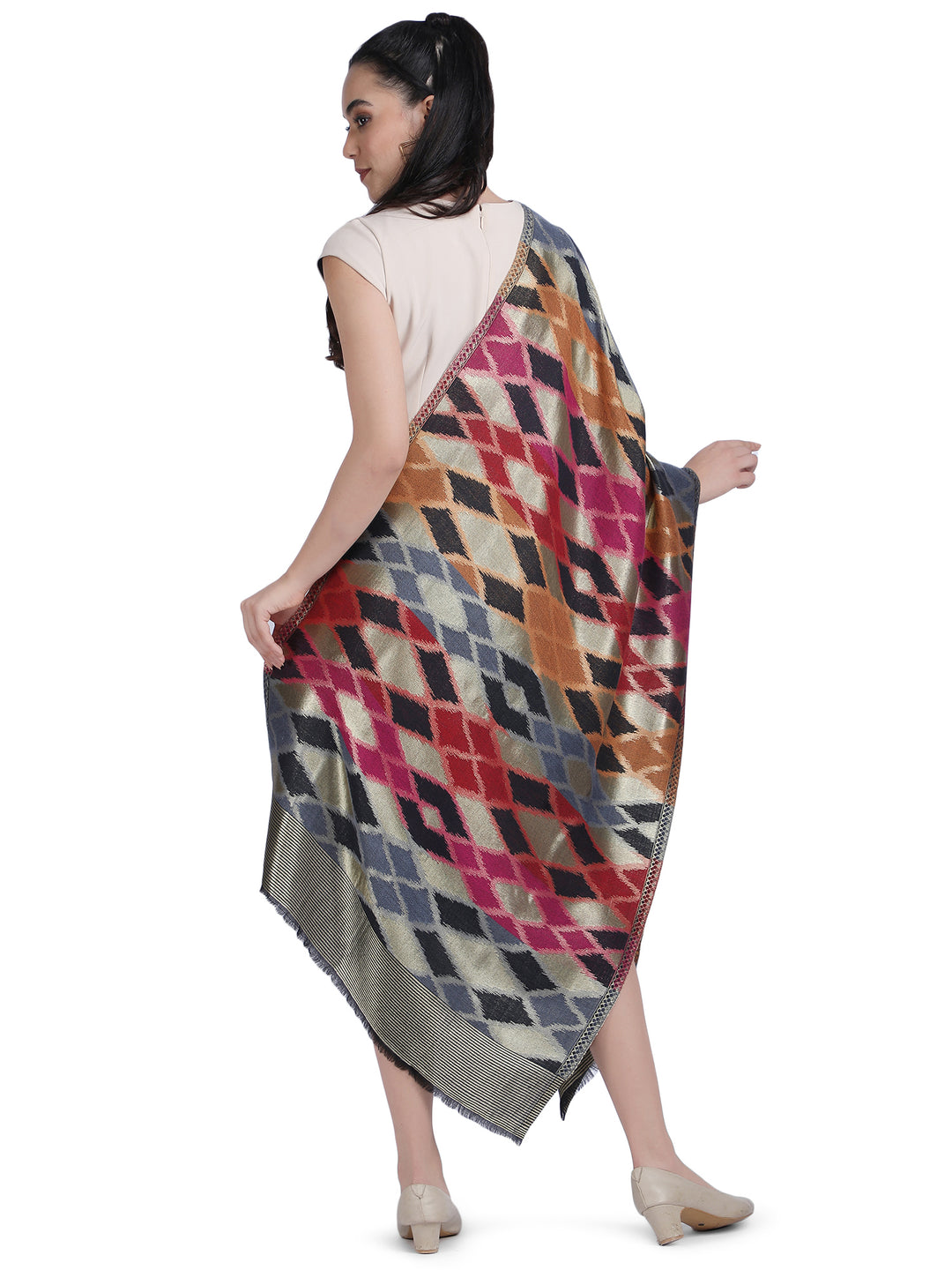 Noor Ikat Weave Shawl With Zari - Multicolour-156