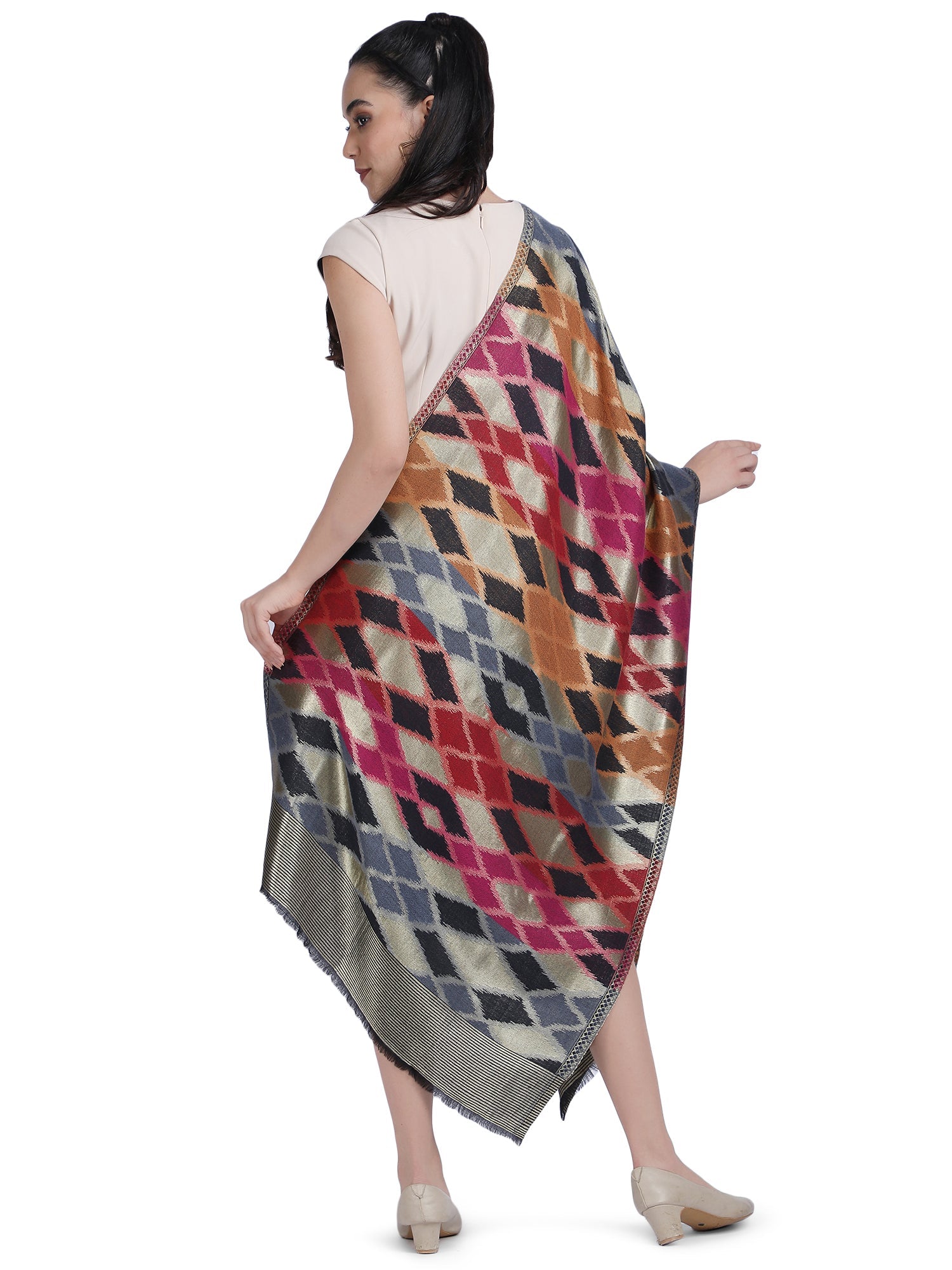 Noor Zari Ikat Weave 100% Fine Wool Stole - Multicolour- 338