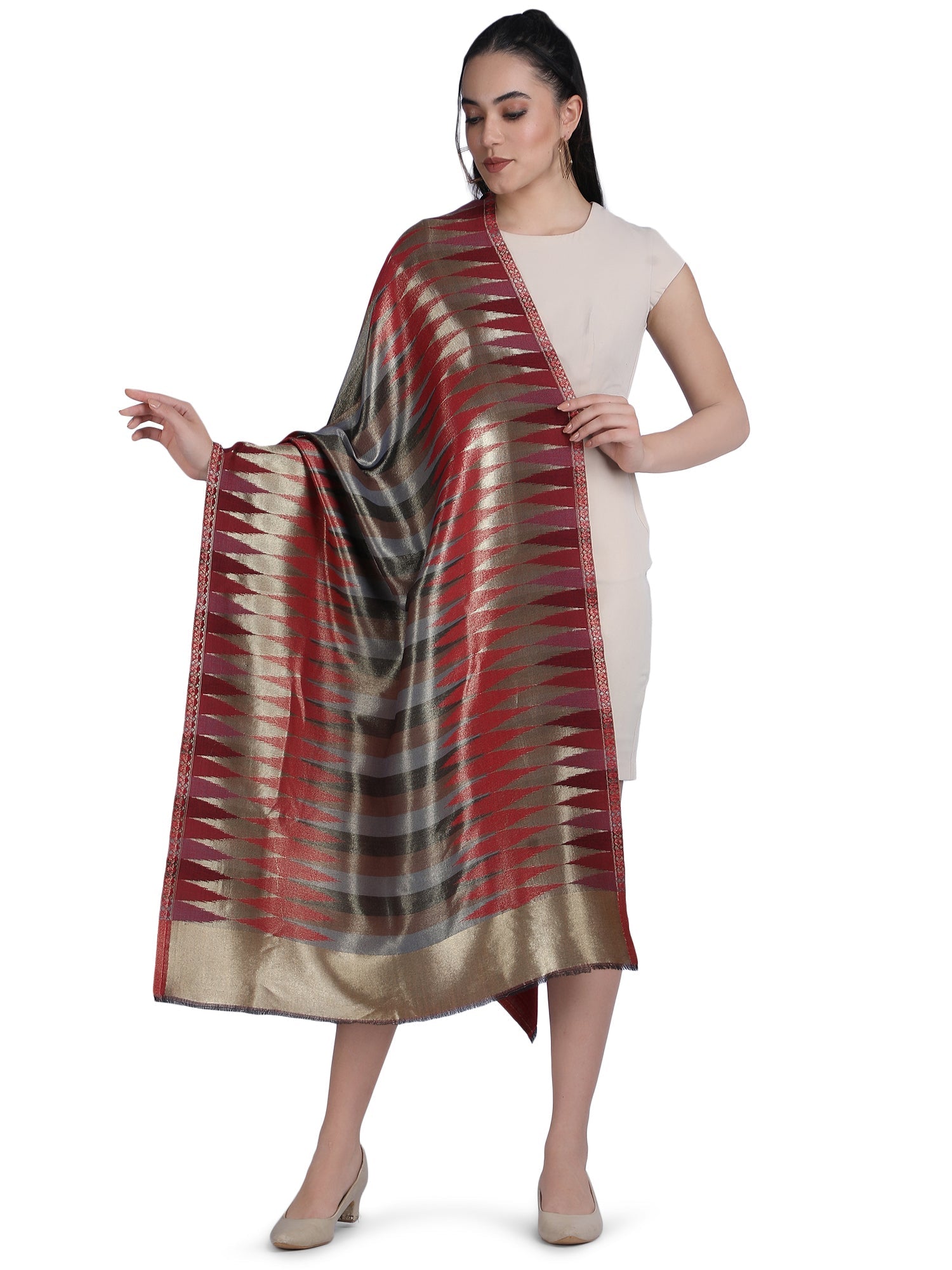 Red Zari Leheriya Shawl - Reversible-153