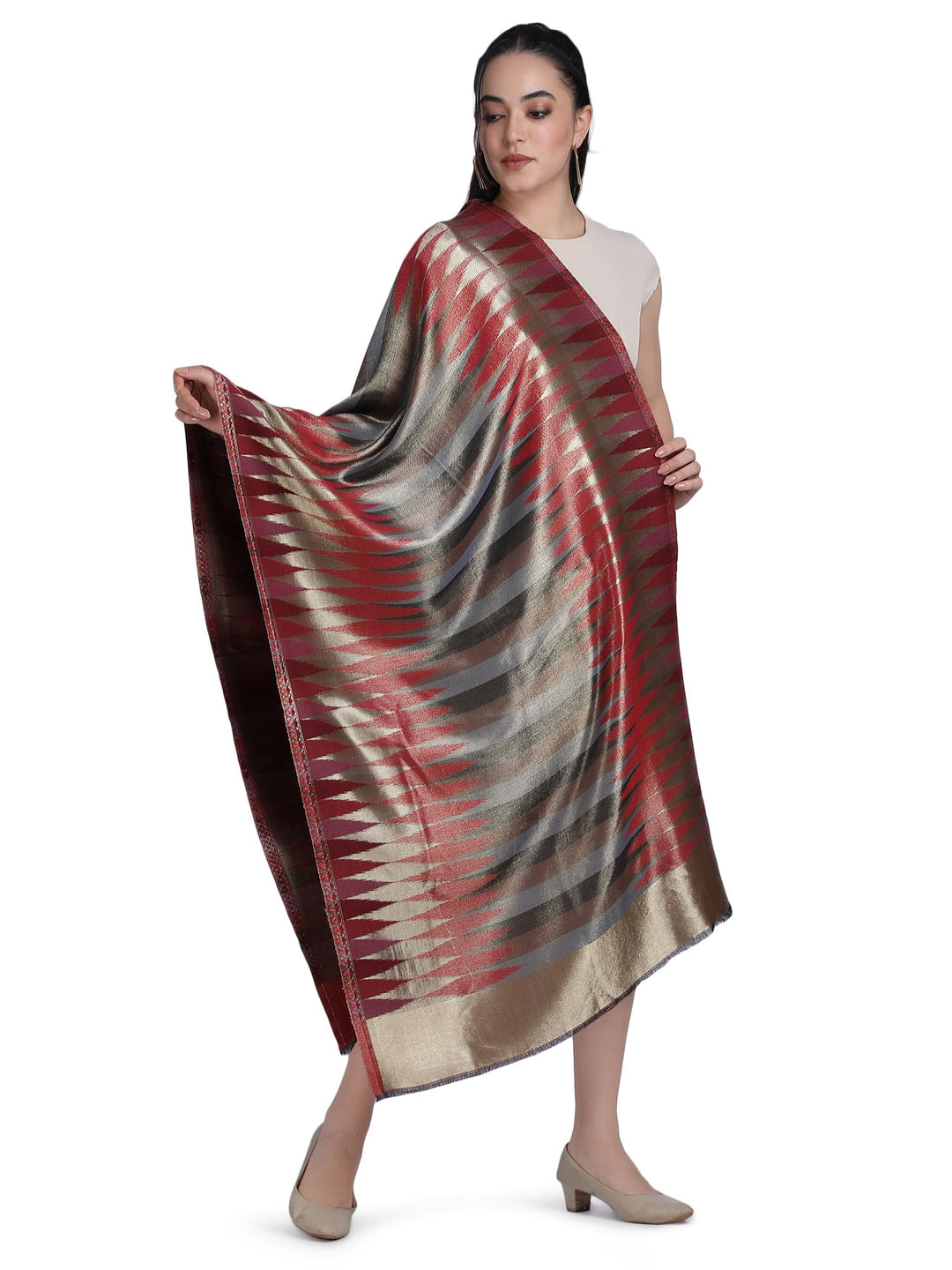 Red Zari Leheriya Stole - Reversible- 339