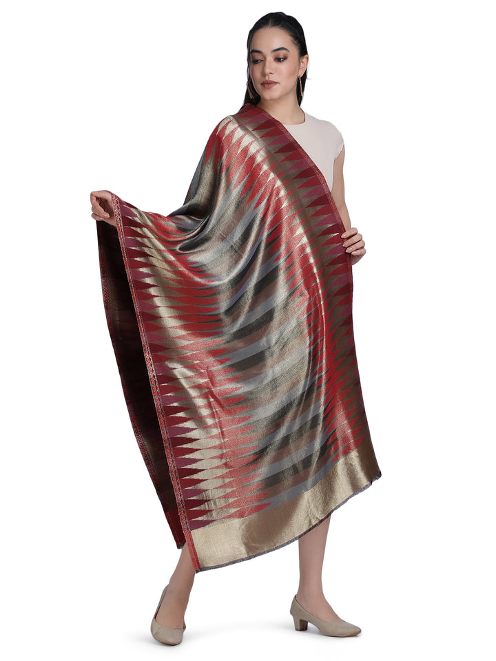 Red Zari Leheriya Shawl - Reversible-153