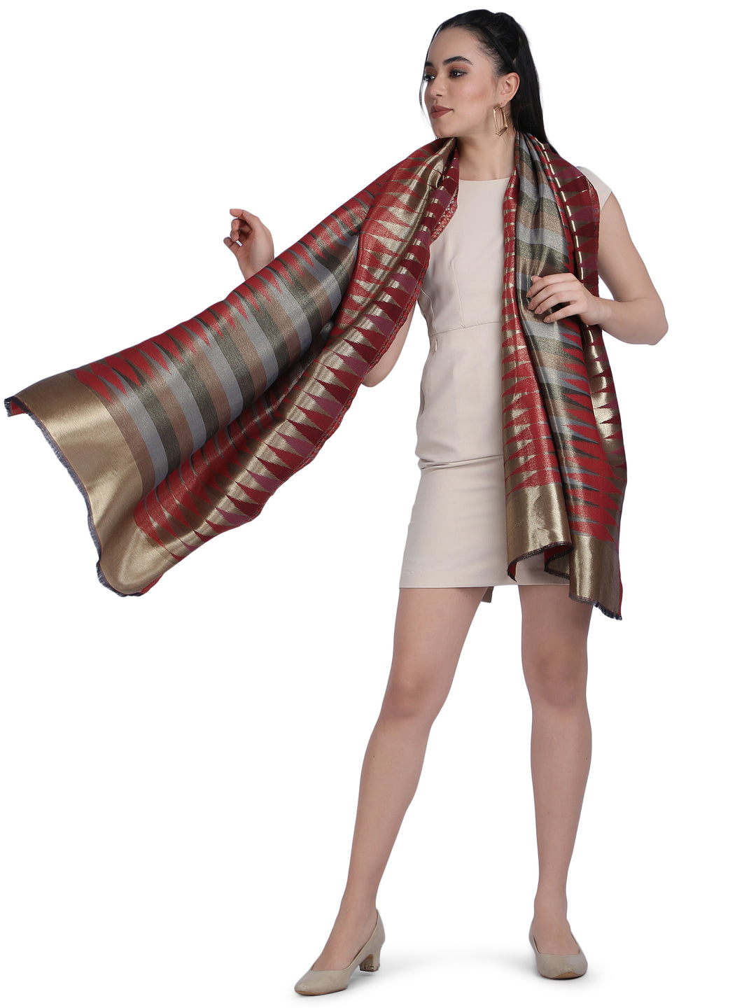 Red Zari Leheriya Shawl - Reversible-153