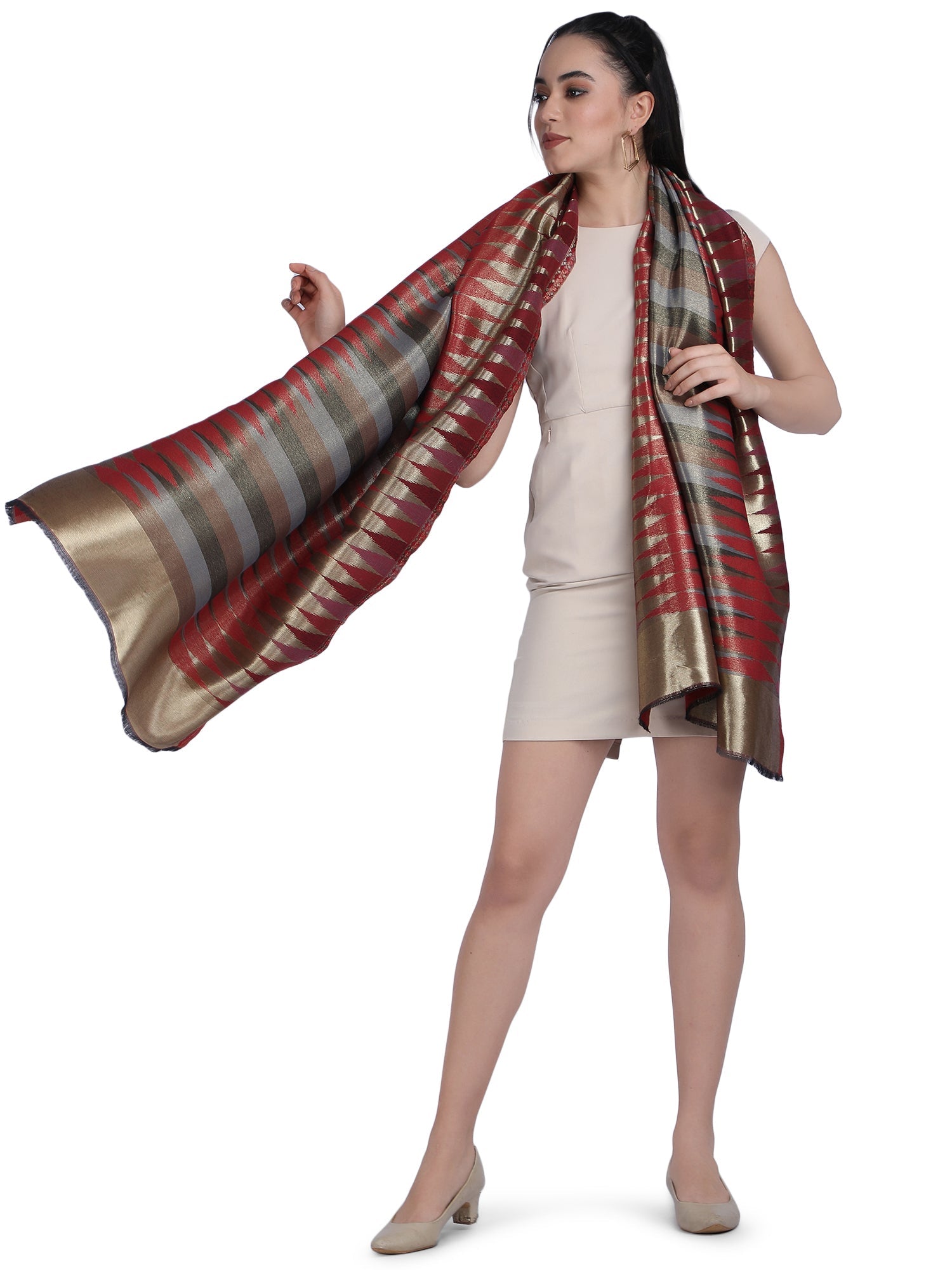 Red Zari Leheriya Shawl - Reversible-153