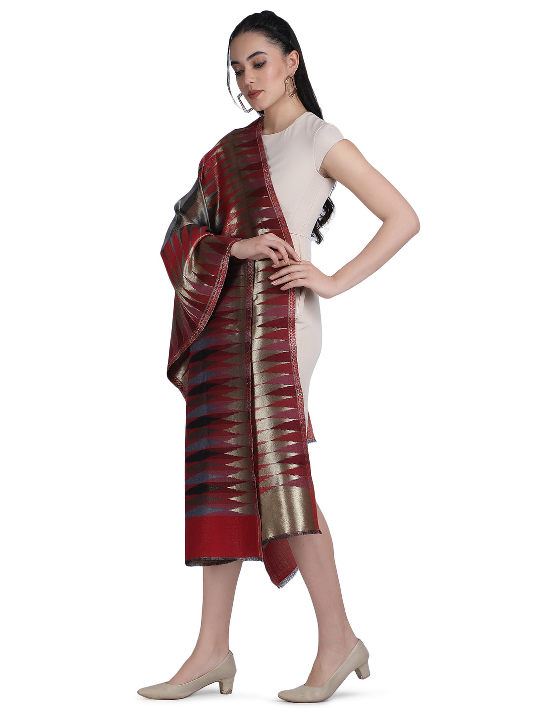 Red Zari Leheriya Shawl - Reversible-153