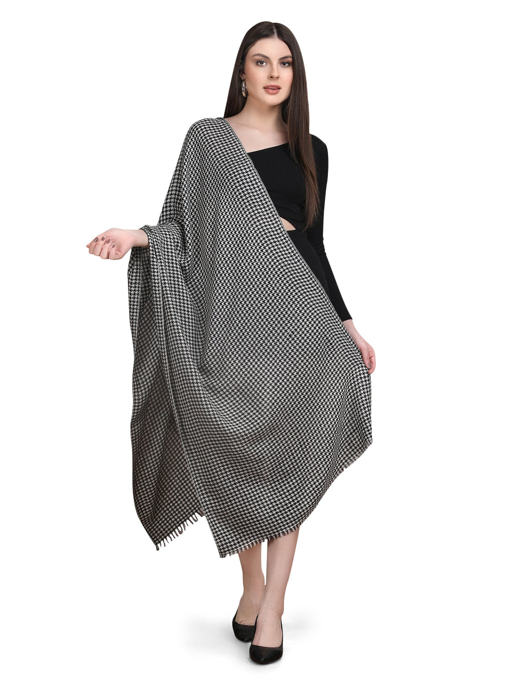 Black Tweed Fine Wool Stole - 344