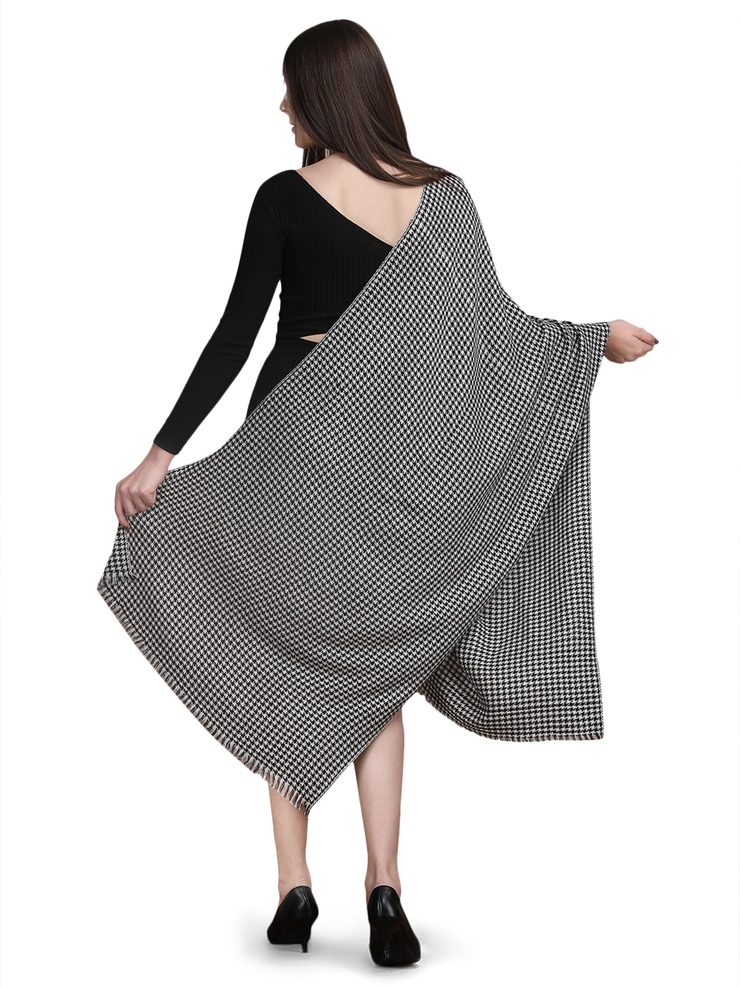 Black Tweed Fine Wool Stole - 344