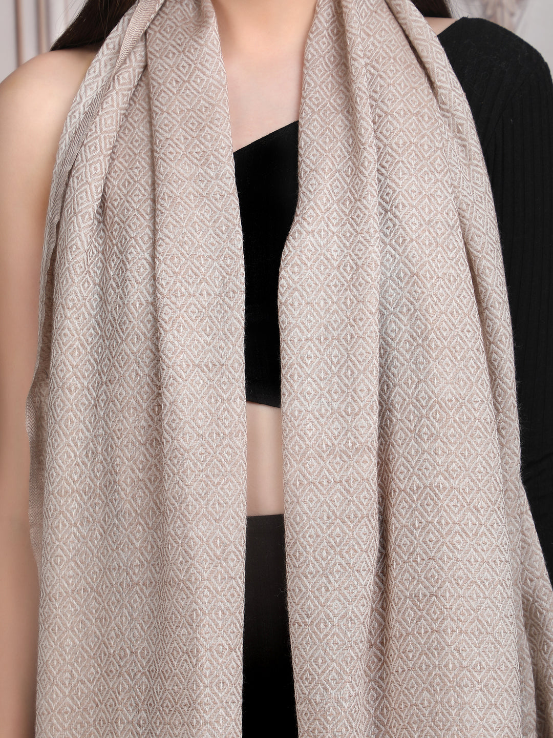 Beige Tweed Fine Wool Stole - 345