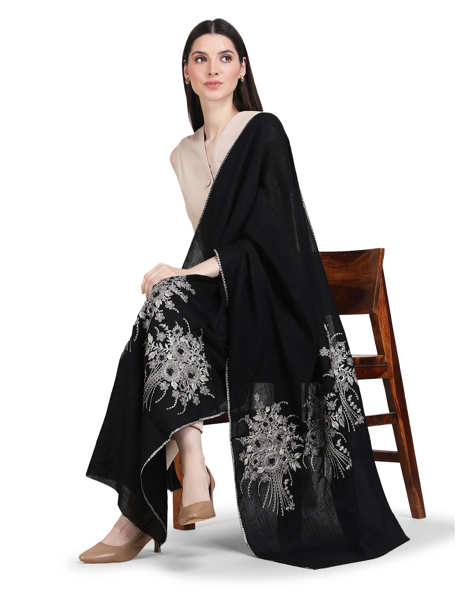 Black Floral Boquet 100% Fine Wool Stole- 349