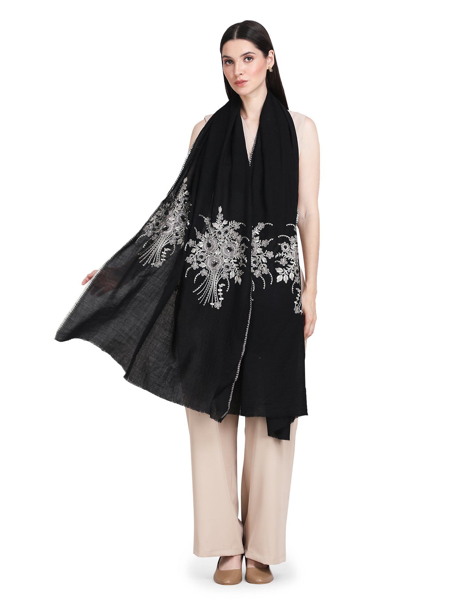 Black Floral Boquet 100% Fine Wool Stole- 349