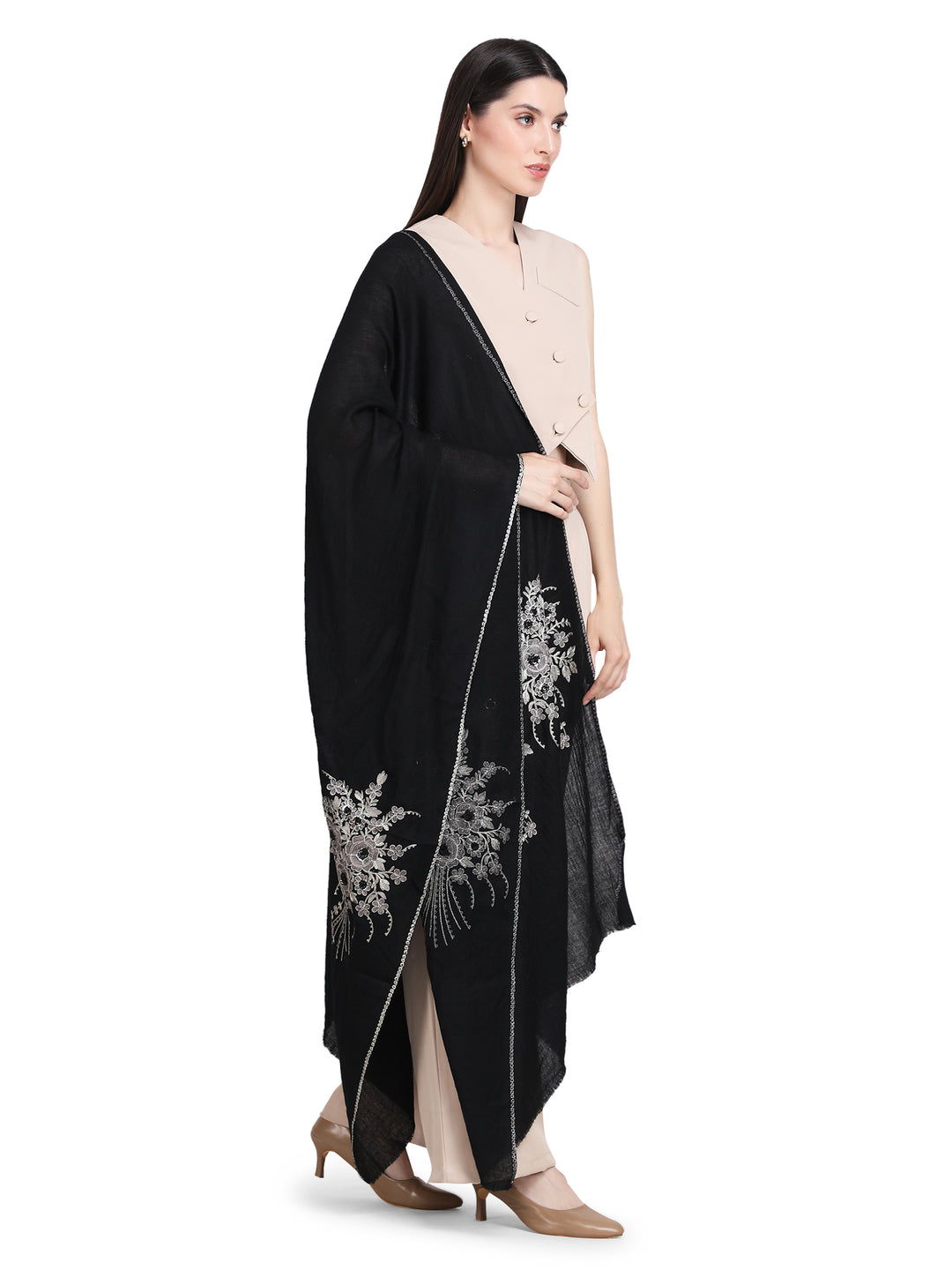 Black Floral Boquet 100% Fine Wool Stole- 349