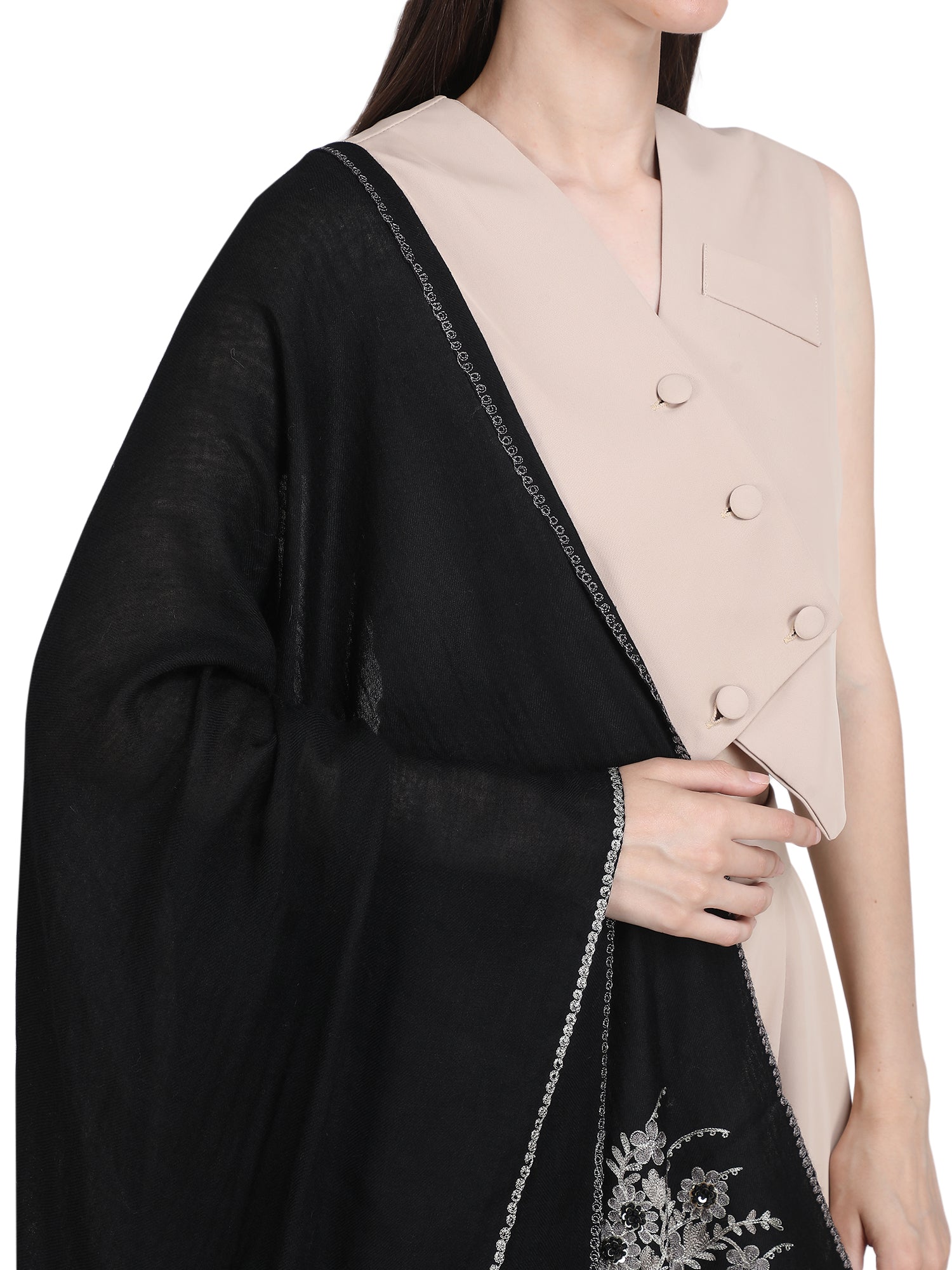 Black Floral Boquet 100% Fine Wool Stole- 349