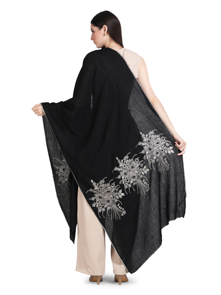 Black Floral Boquet 100% Fine Wool Stole- 349