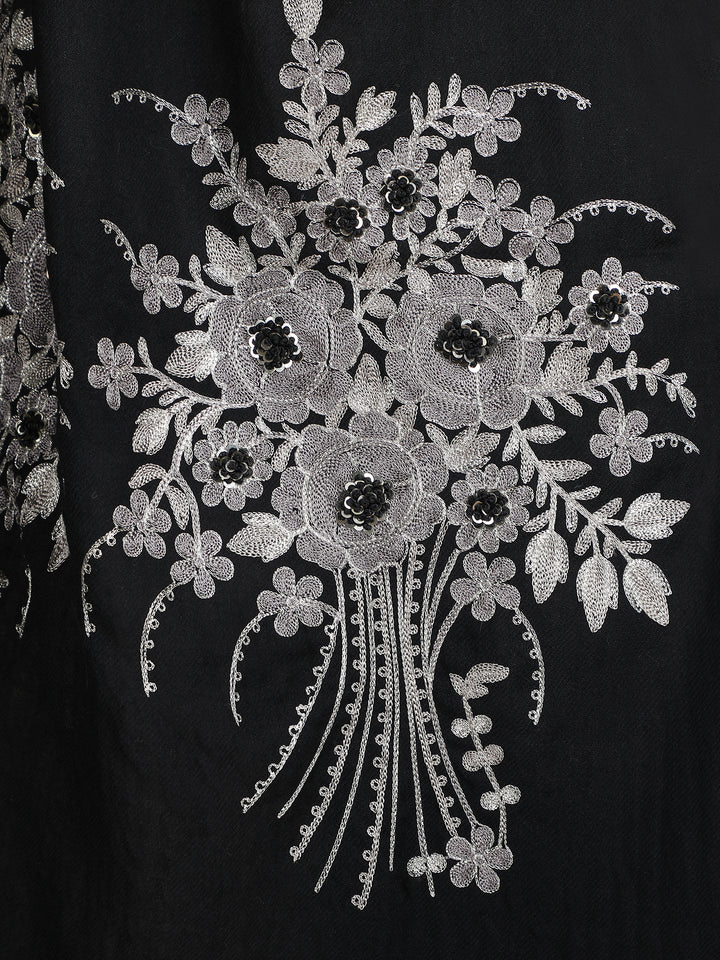 Black Floral Boquet 100% Fine Wool Stole- 349