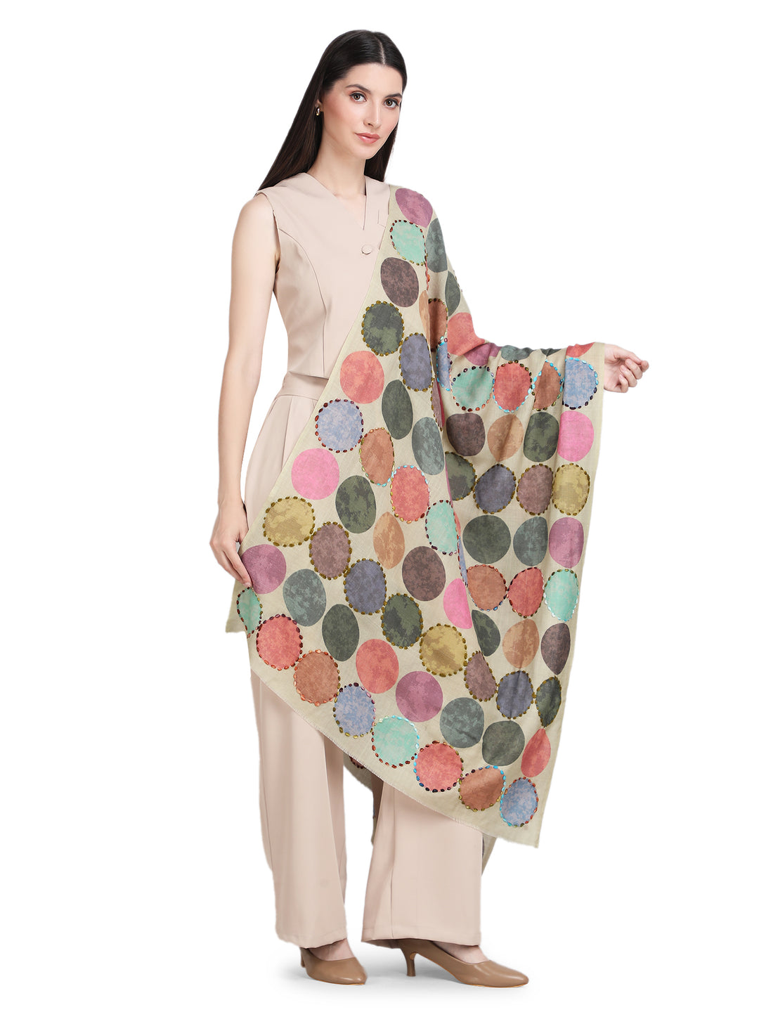 Pastel Green Cosmo Circles 100% Fine Wool Stole - 353