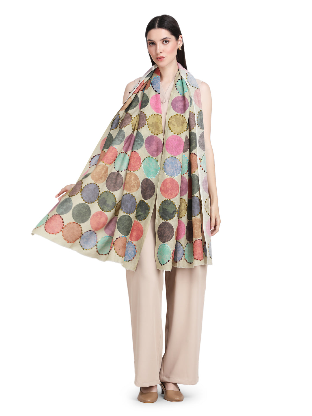 Pastel Green Cosmo Circles 100% Fine Wool Stole - 353