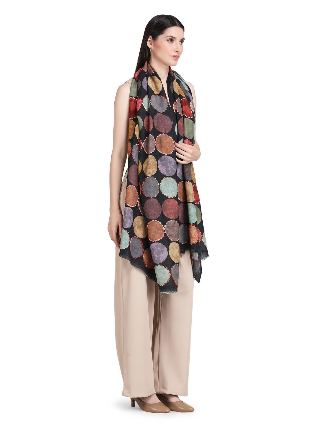 Black Cosmo Circles 100% Fine Wool Stole - 354