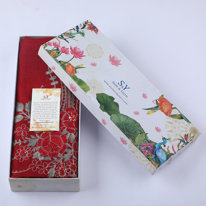 Red Floral Boquet 100% Fine Wool Stole - 355