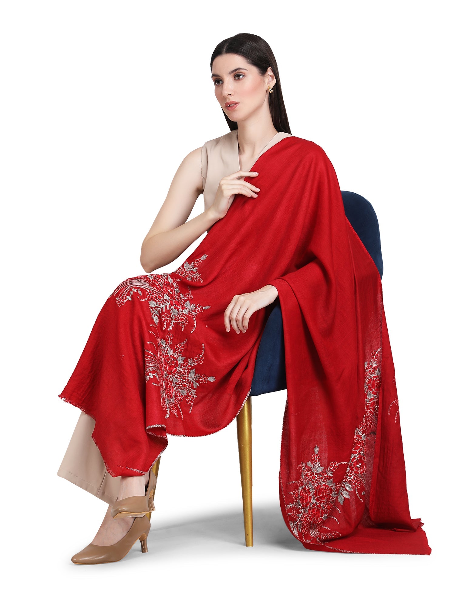 Red Floral Boquet 100% Fine Wool Stole - 355