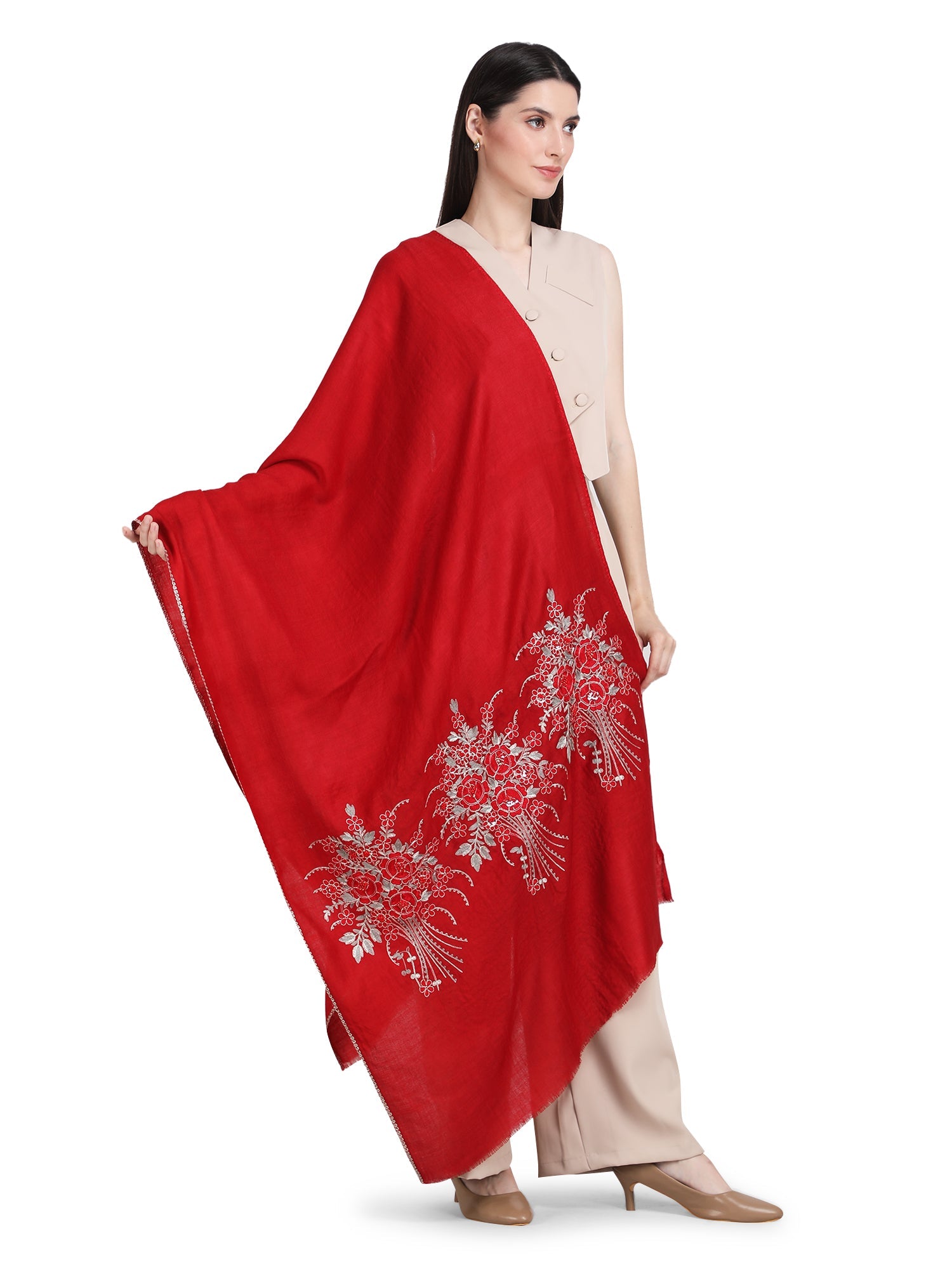Red Floral Boquet 100% Fine Wool Stole - 355