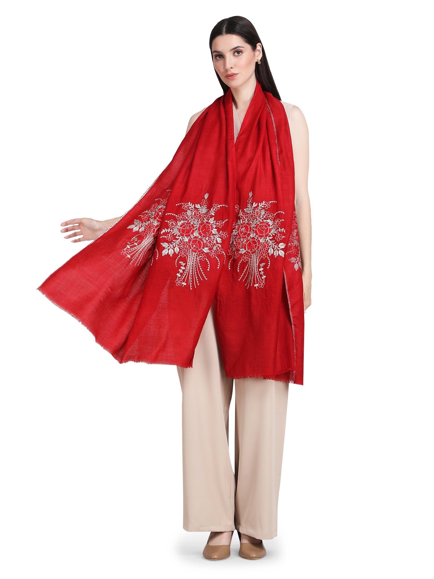 Red Floral Boquet 100% Fine Wool Stole - 355