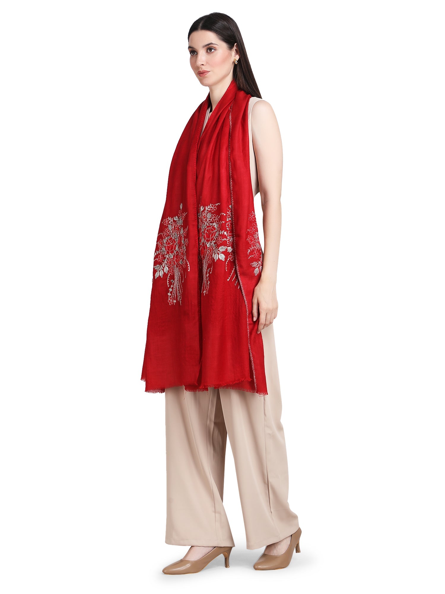 Red Floral Boquet 100% Fine Wool Stole - 355