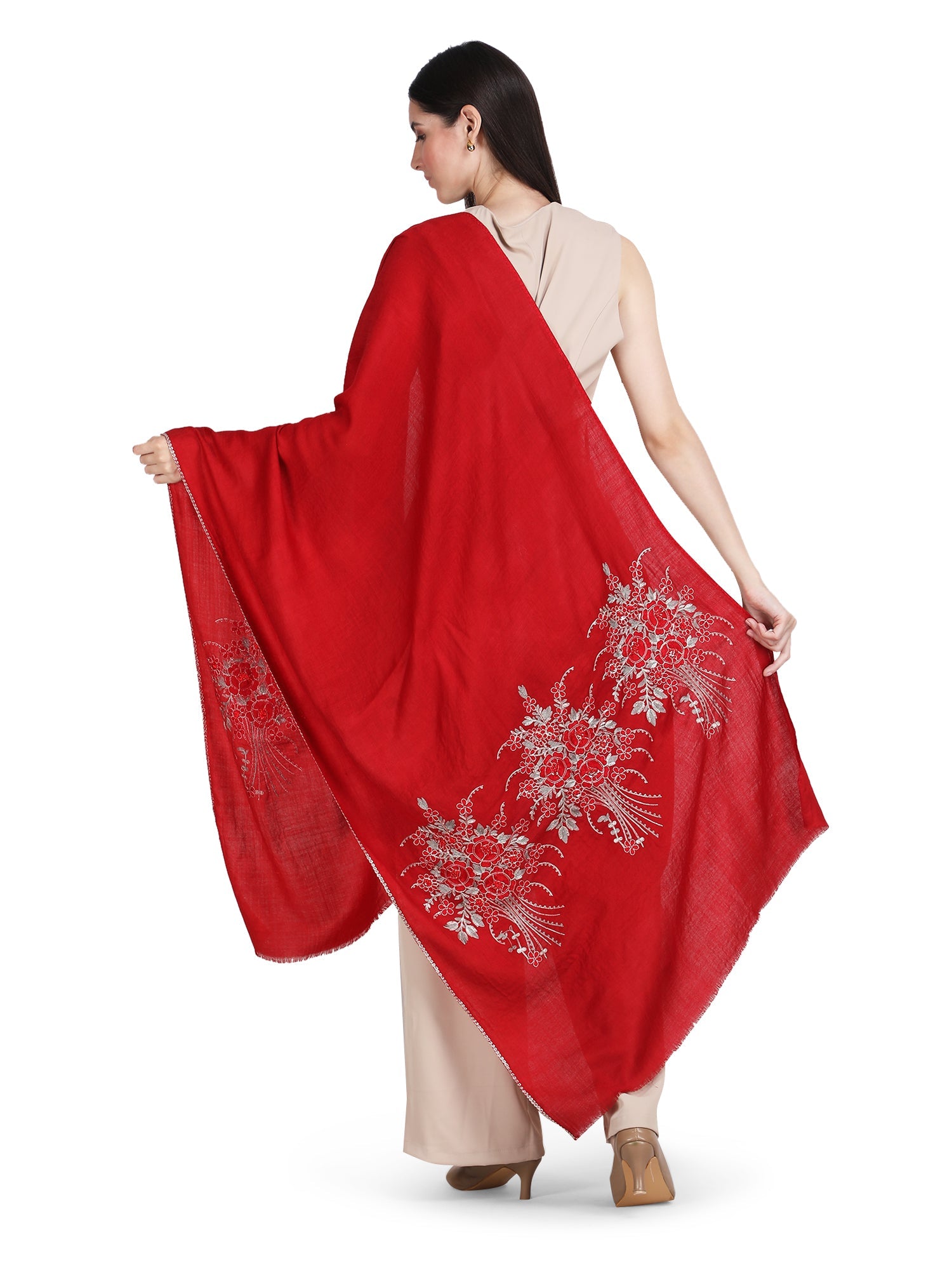 Red Floral Boquet 100% Fine Wool Stole - 355