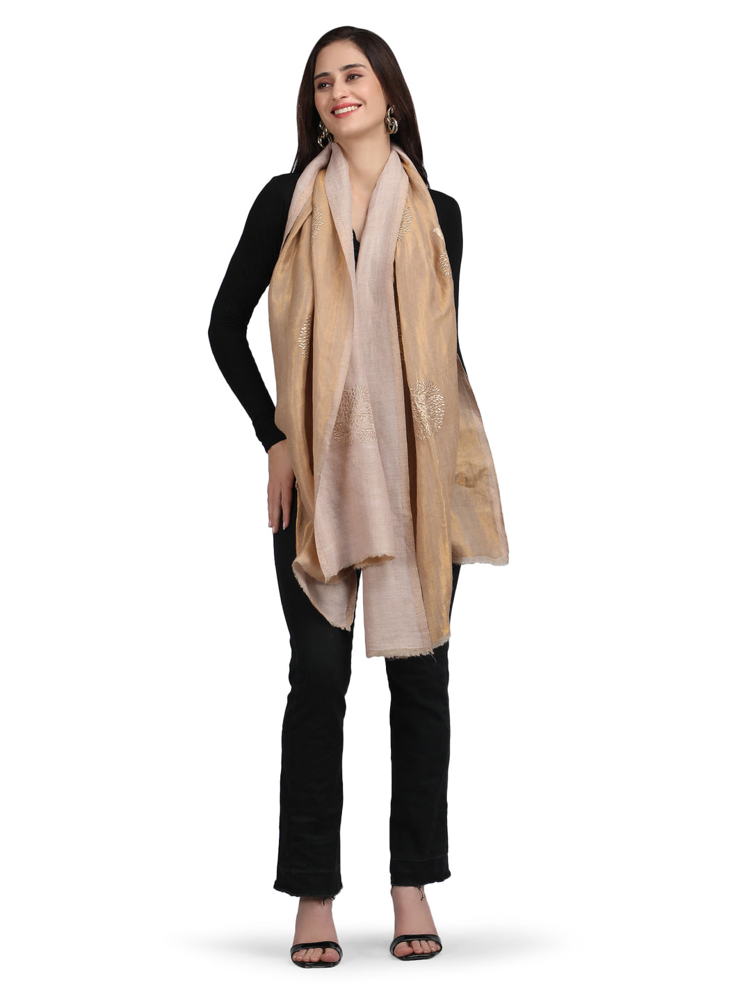 Gold Moonlight Zari Tree 100% Fine Wool Stole - 356