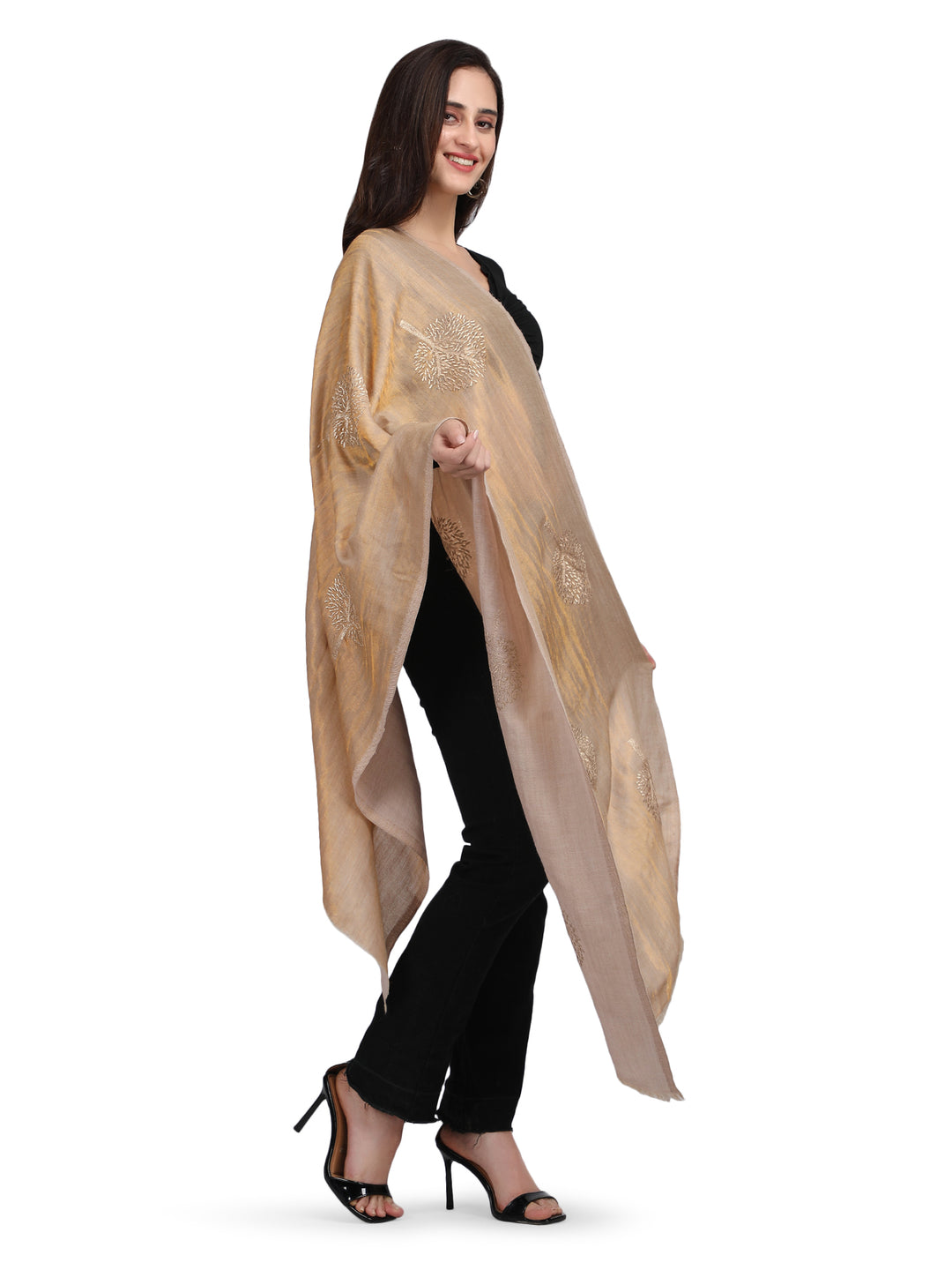 Gold Moonlight Zari Tree 100% Fine Wool Stole - 356