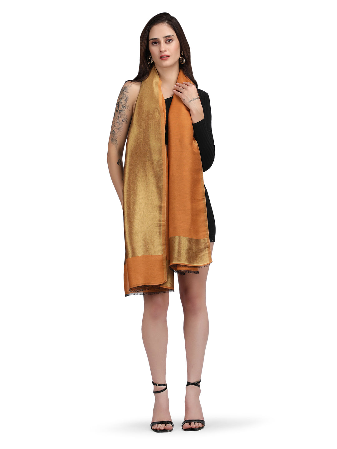 Orange Zari Reversible 100% Fine Wool Stole-359