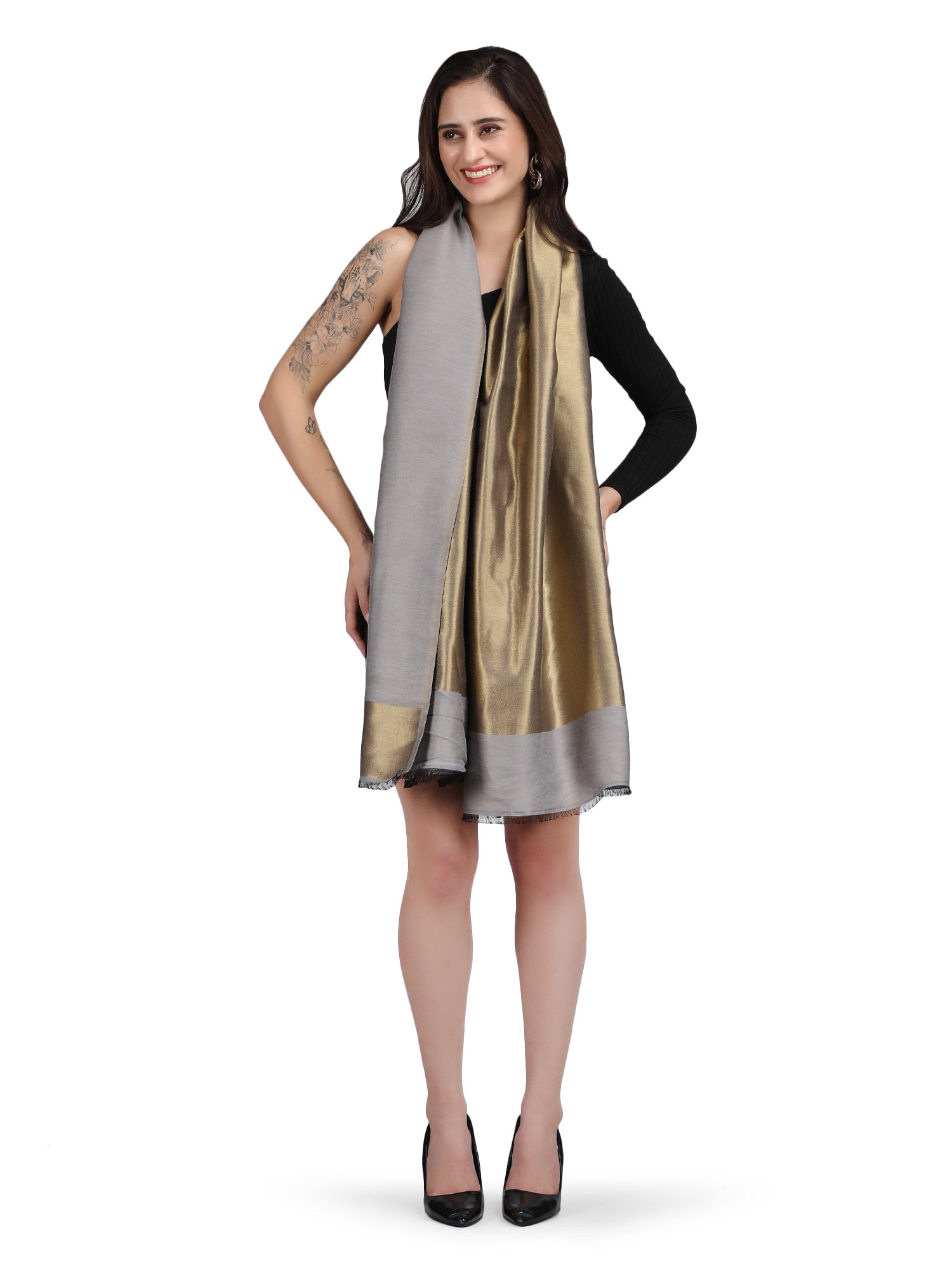 Grey Zari Reversible 100% Fine Wool Shawl-136