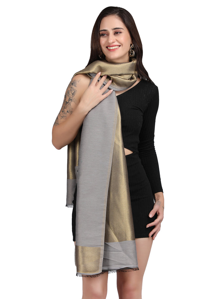 Grey Zari Reversible 100% Fine Wool Stole-360
