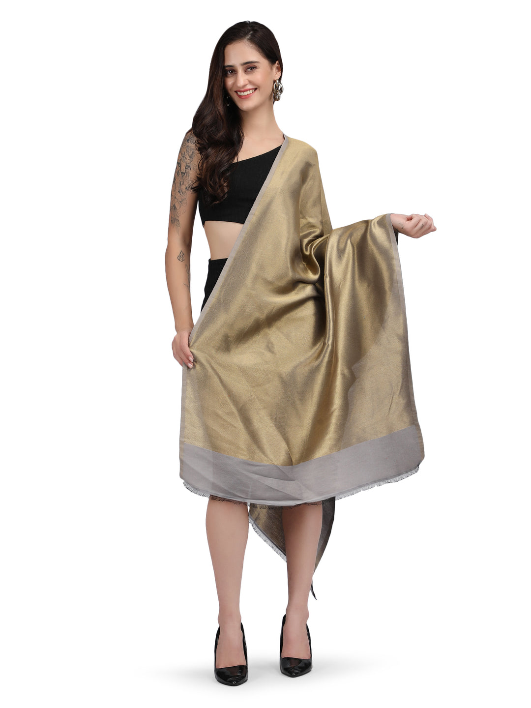 Grey Zari Reversible 100% Fine Wool Stole-360