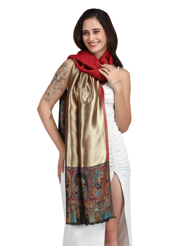 Red Kani Border Zari Reversible 100% Fine Wool Stole - 367