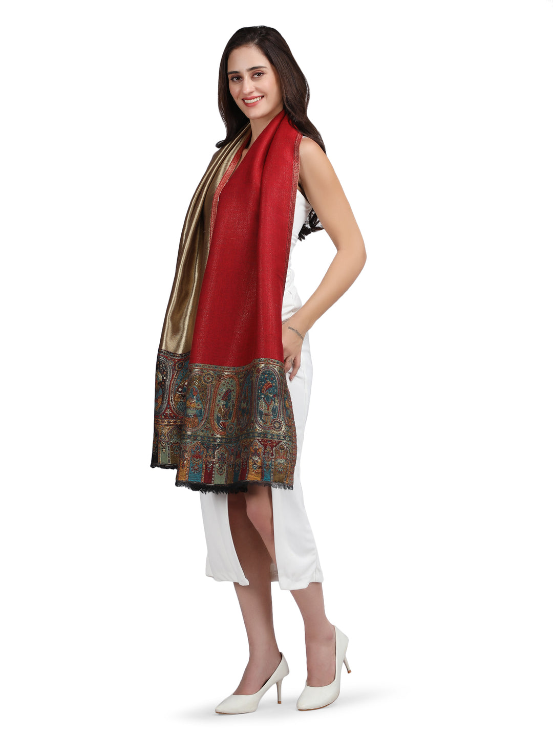 Red Kani Border Zari Reversible 100% Fine Wool Stole - 367