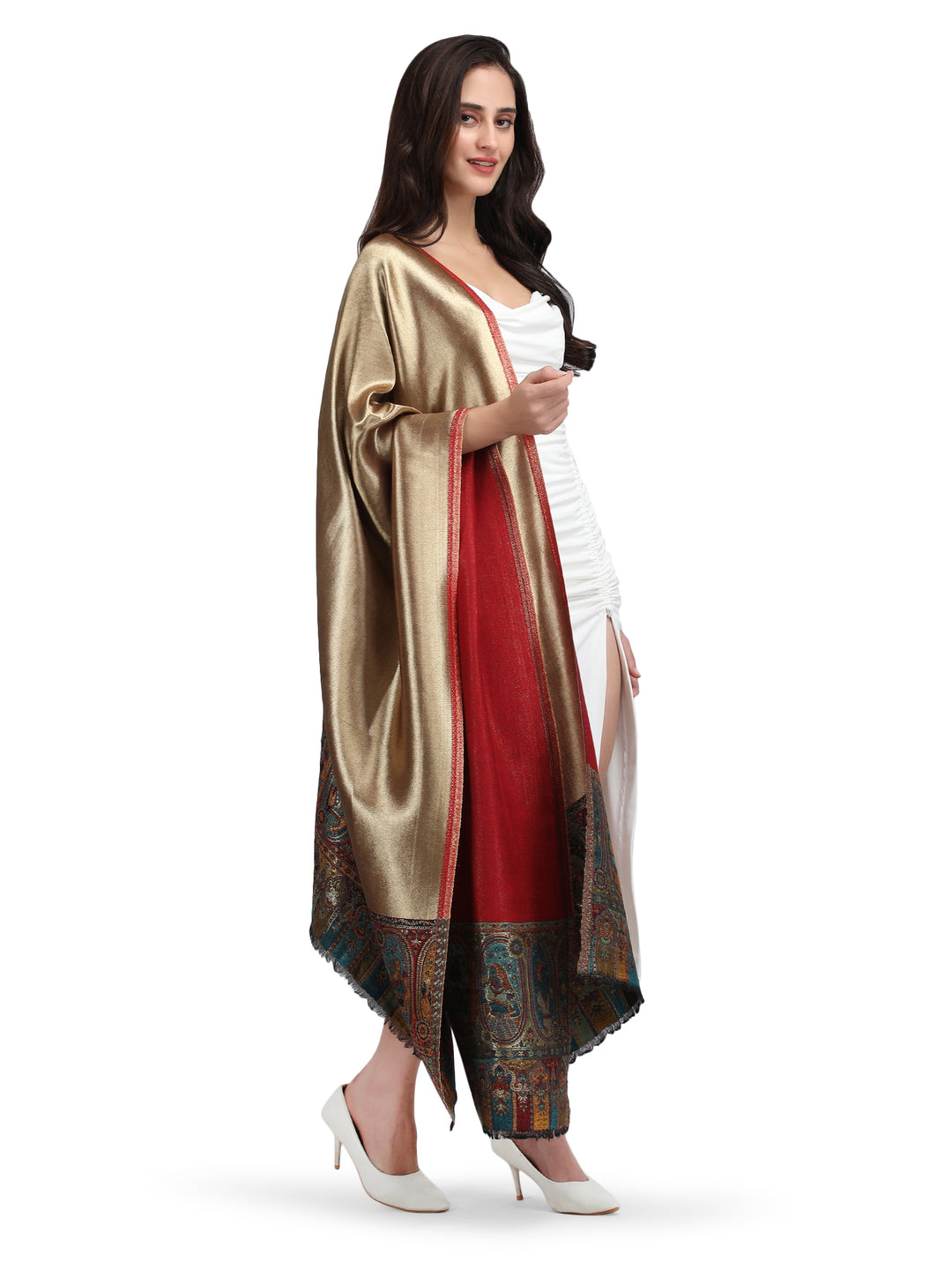 Red Kani Border Zari Reversible 100% Fine Wool Stole - 367