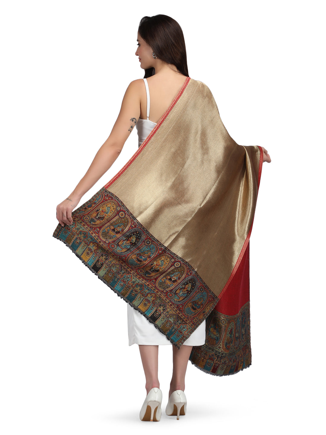 Red Kani Border Zari Reversible 100% Fine Wool Stole - 367