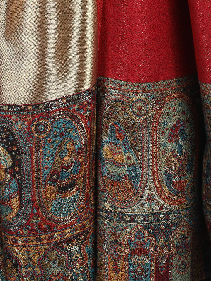Red Kani Border Zari Reversible 100% Fine Wool Stole - 367