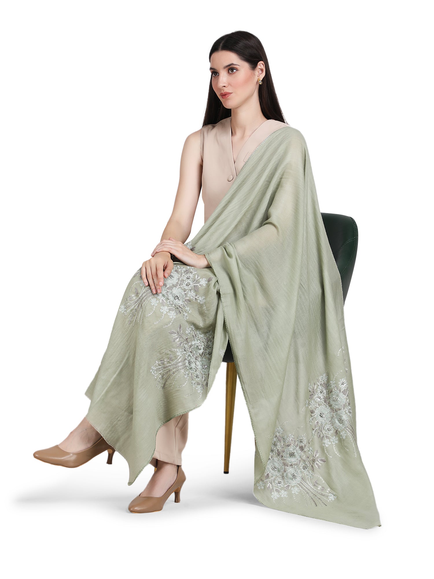 Pastel Green Floral Boquet 100% Fine Wool Stole - 368