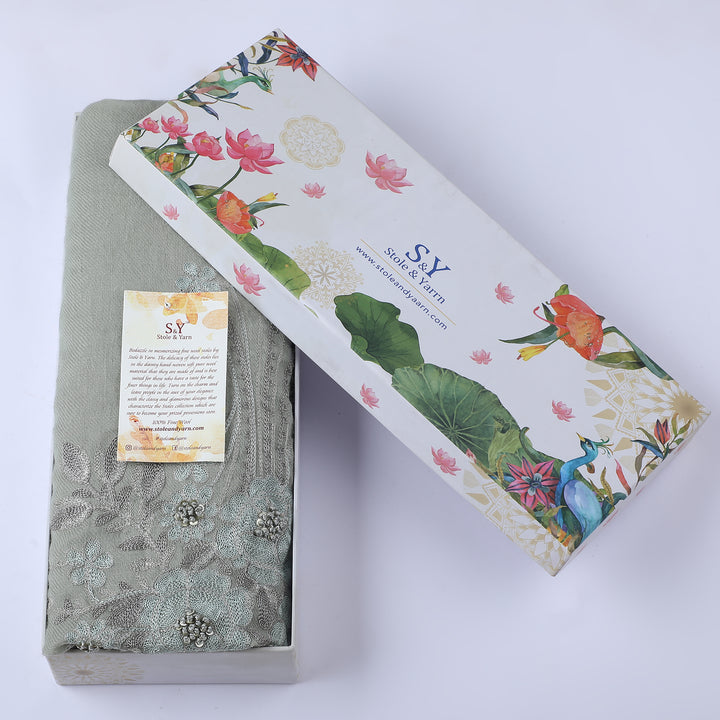 Pastel Green Floral Boquet 100% Fine Wool Stole - 368