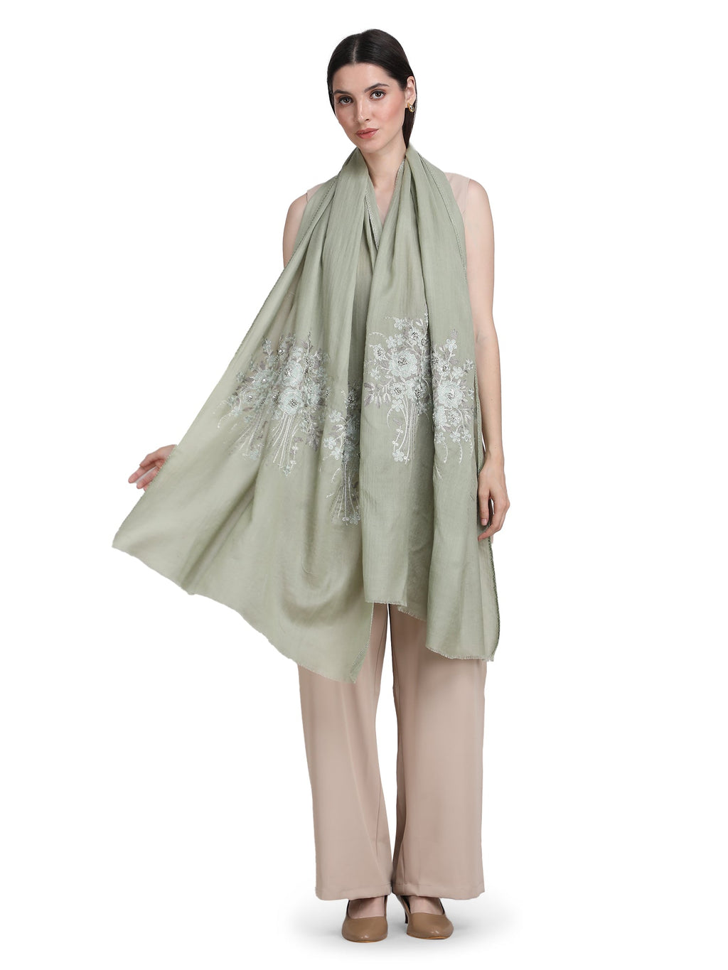 Pastel Green Floral Boquet 100% Fine Wool Stole - 368