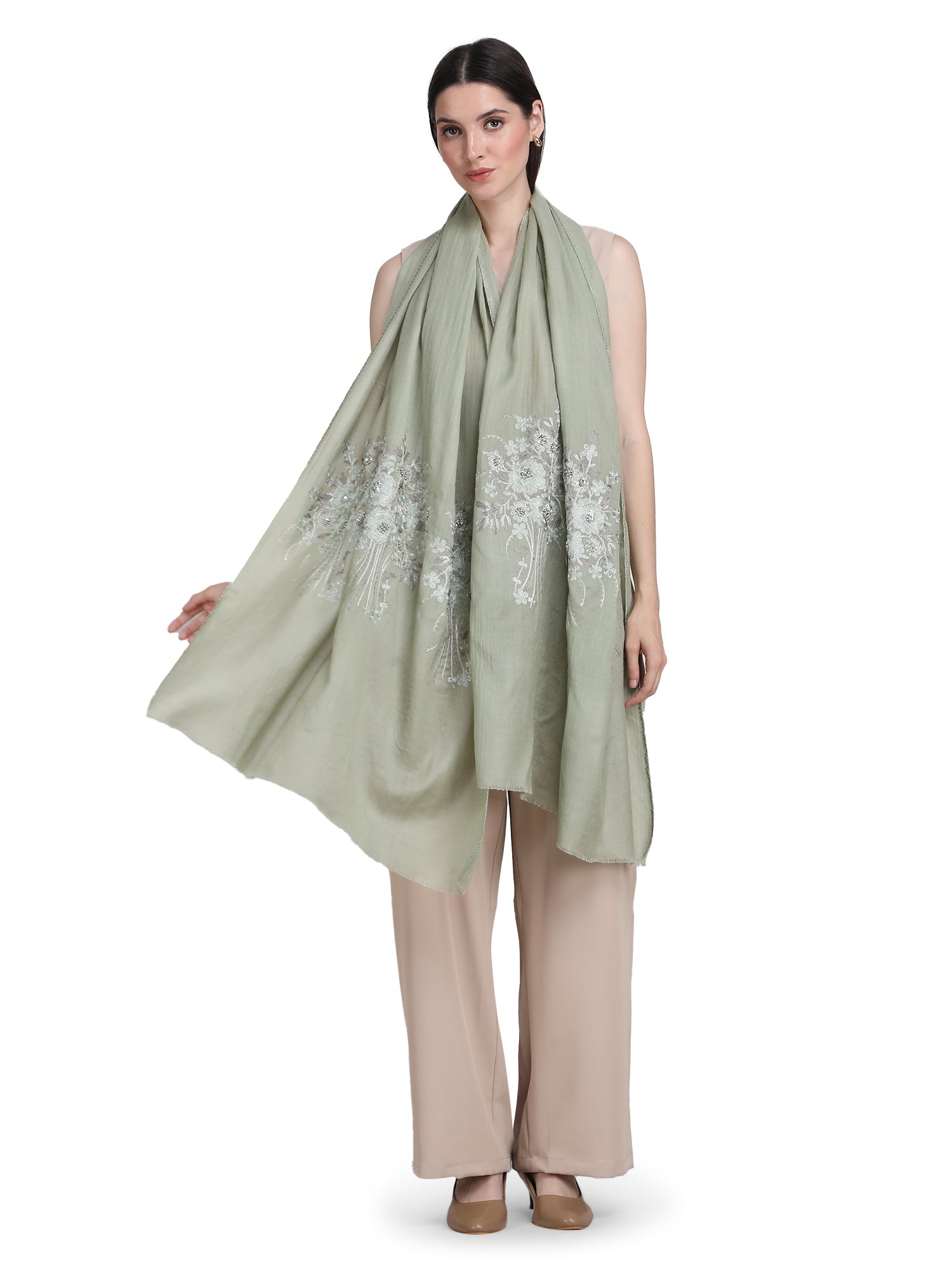 Pastel Green Floral Boquet 100% Fine Wool Stole - 368