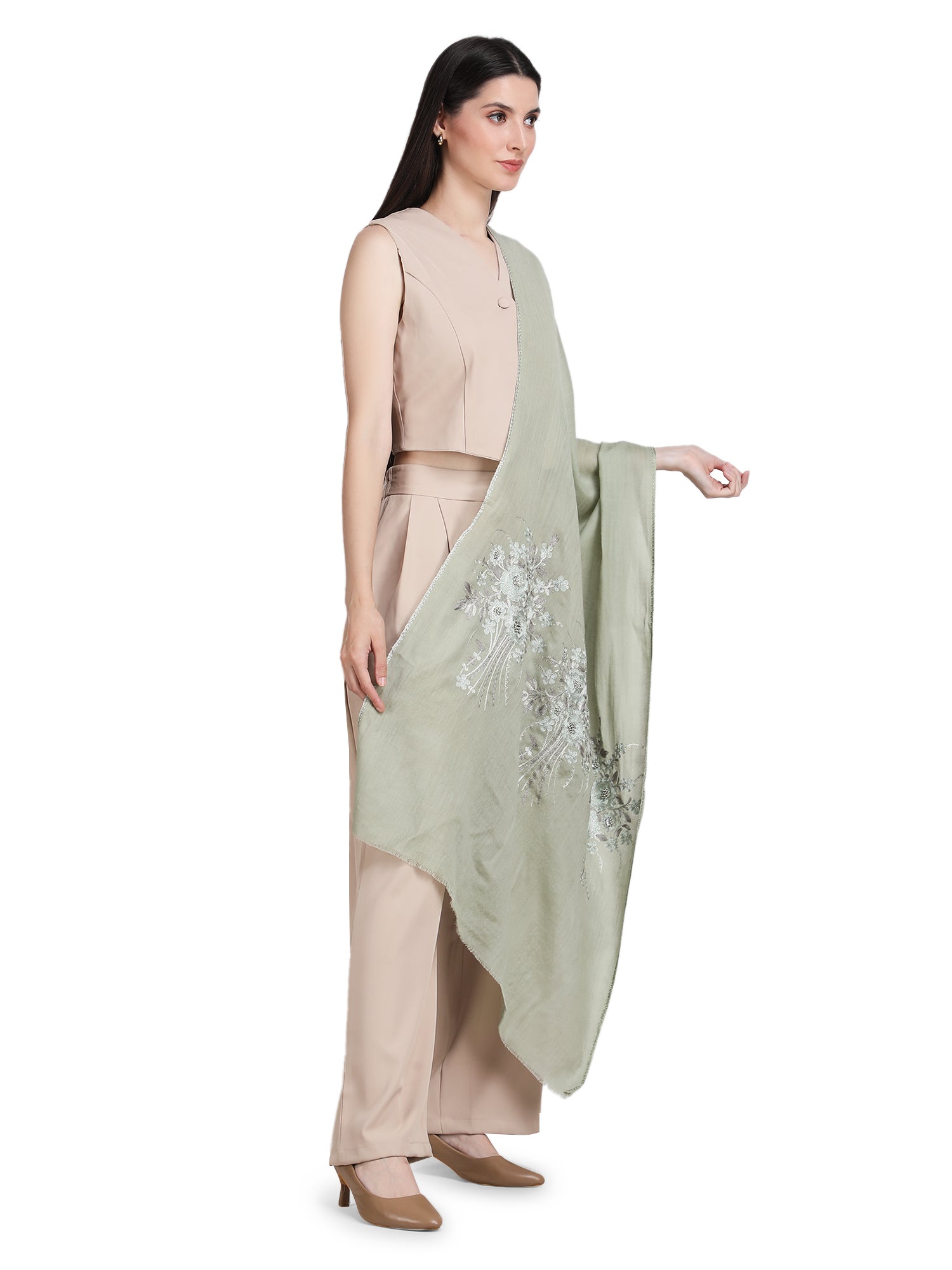 Pastel Green Floral Boquet 100% Fine Wool Stole - 368