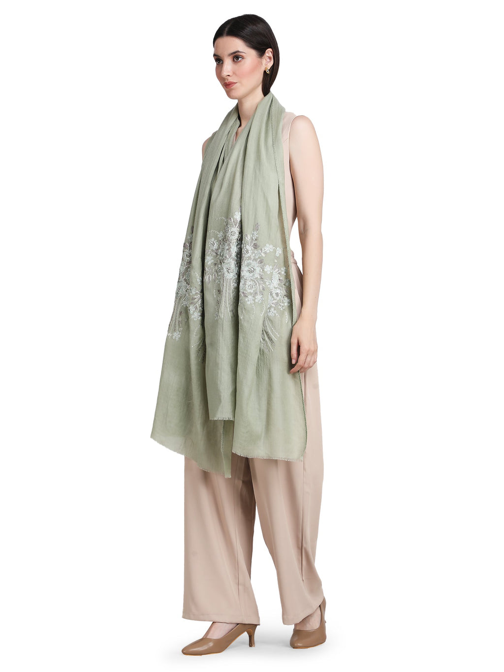 Pastel Green Floral Boquet 100% Fine Wool Stole - 368
