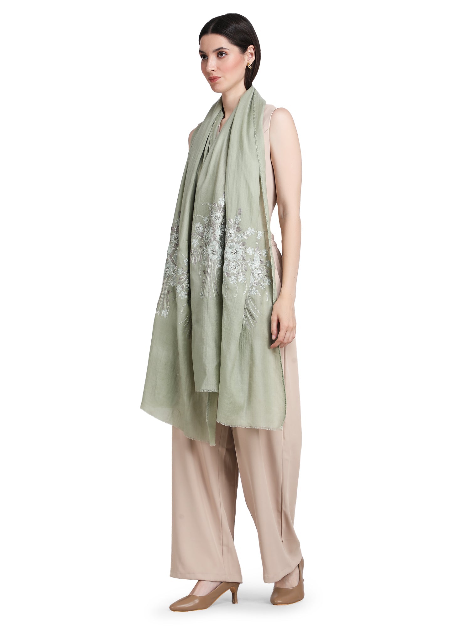 Pastel Green Floral Boquet 100% Fine Wool Stole - 368