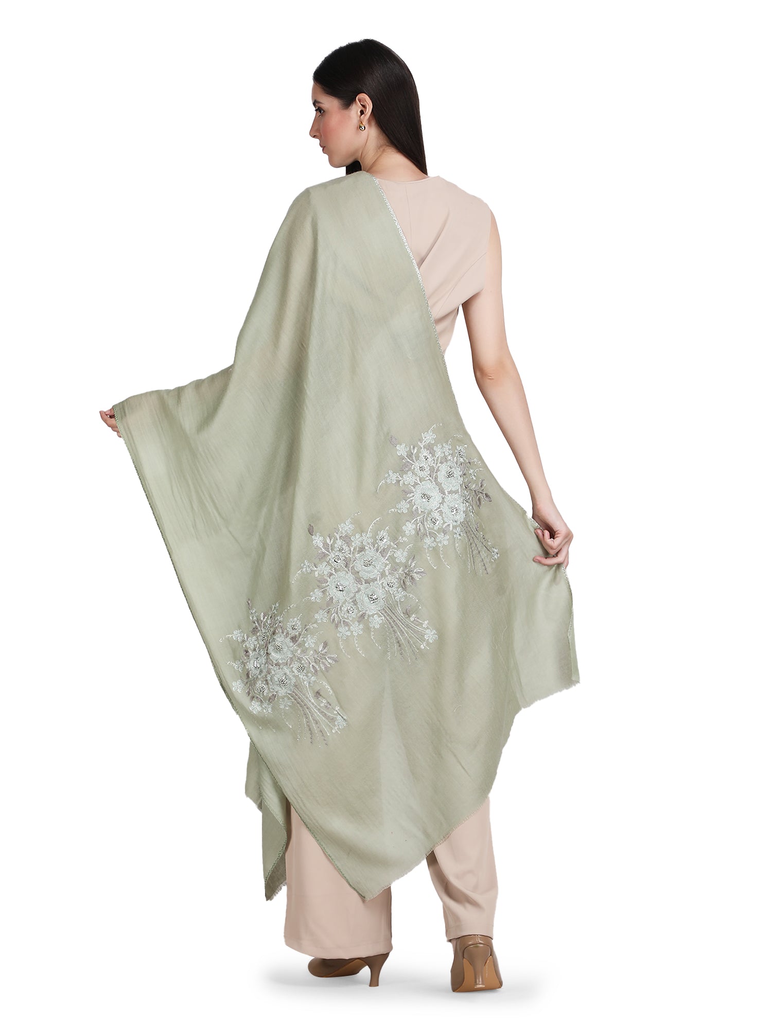 Pastel Green Floral Boquet 100% Fine Wool Stole - 368