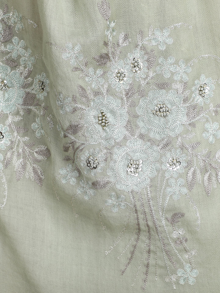 Pastel Green Floral Boquet 100% Fine Wool Stole - 368