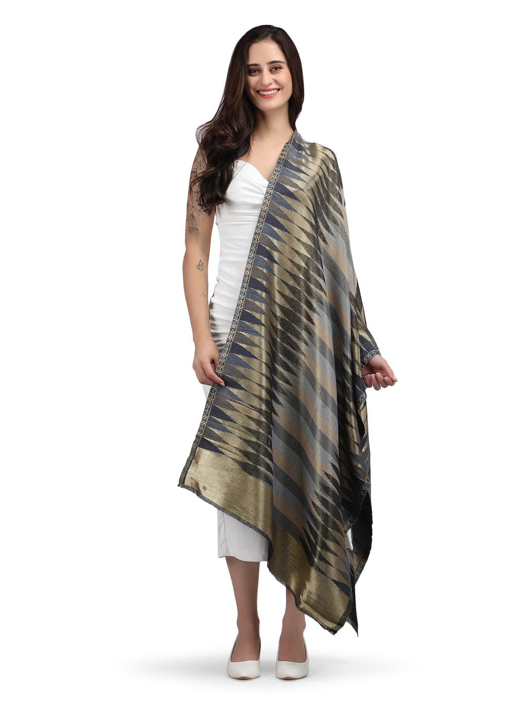 Black Zari Leheriya 100% Fine Wool Stole - Reversible- 369
