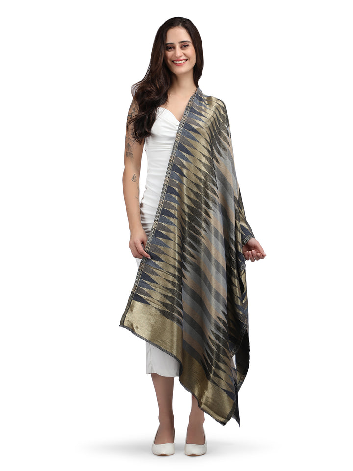 Black Zari Leheriya 100% Fine Wool Stole - Reversible- 369