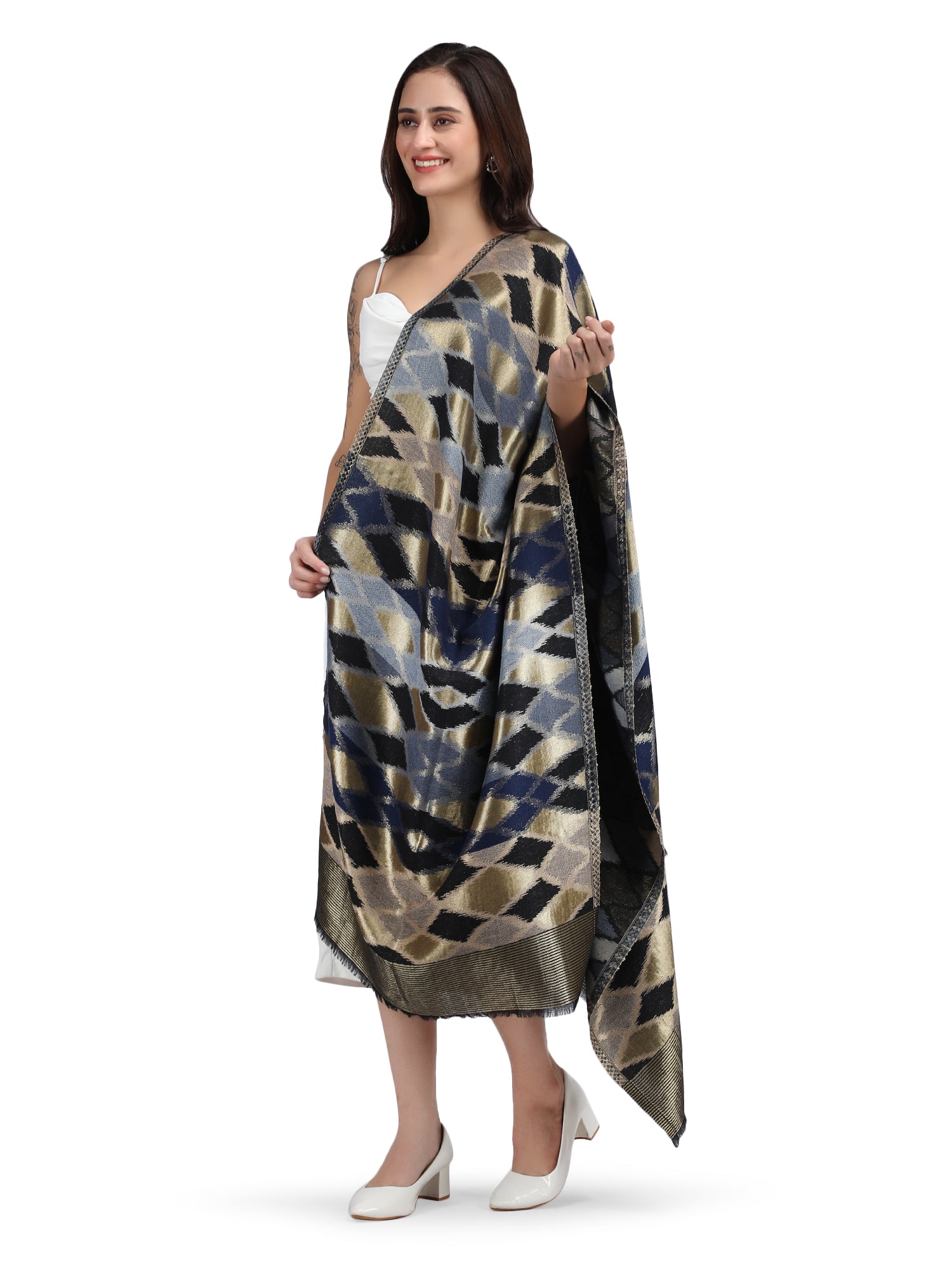 Noor Zari Ikat Weave 100% Fine Wool Stole - 370