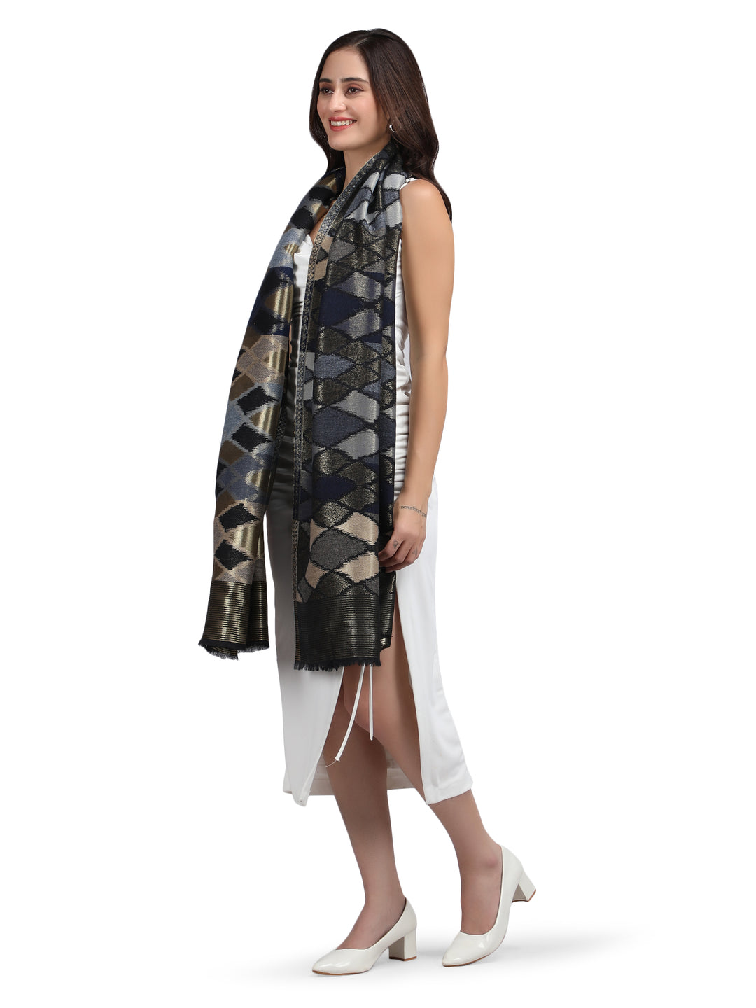 Noor Zari Ikat Weave 100% Fine Wool Stole - 370